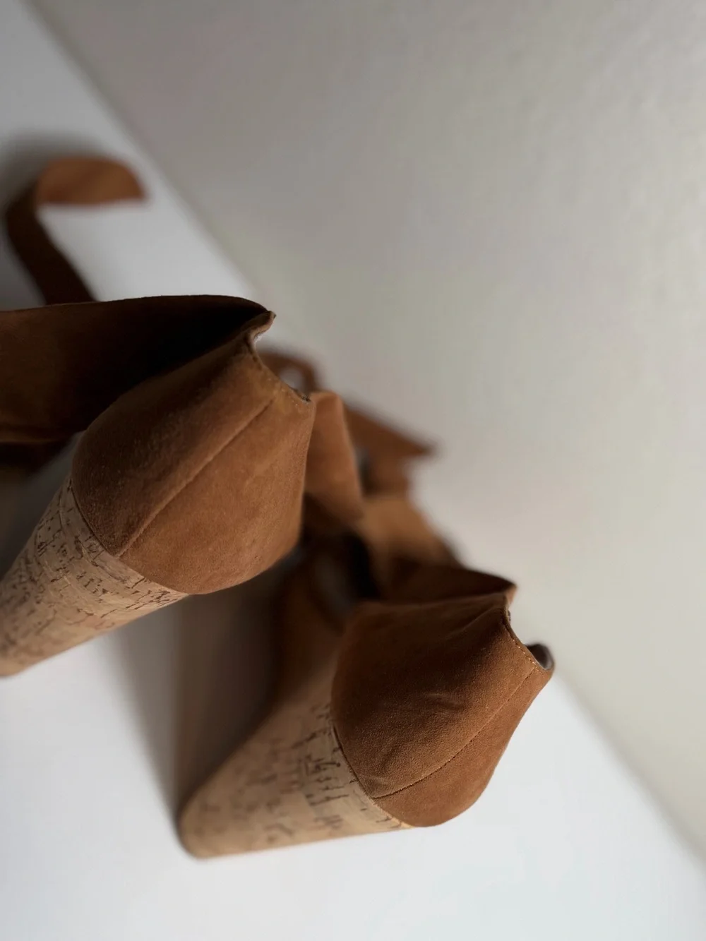 Saks Fifth Avenue~Cognac~Suede Leather Wrap~Cork~Wedge~Platform~Sandal~Size 9.5